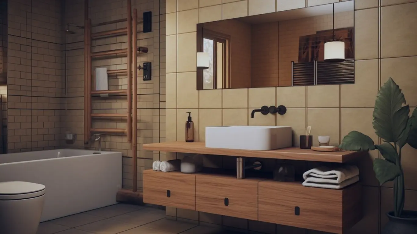 Modern bathroom with a floating wooden vanity, vessel sink, and neutral tile design by Builder Stock Cabinet.